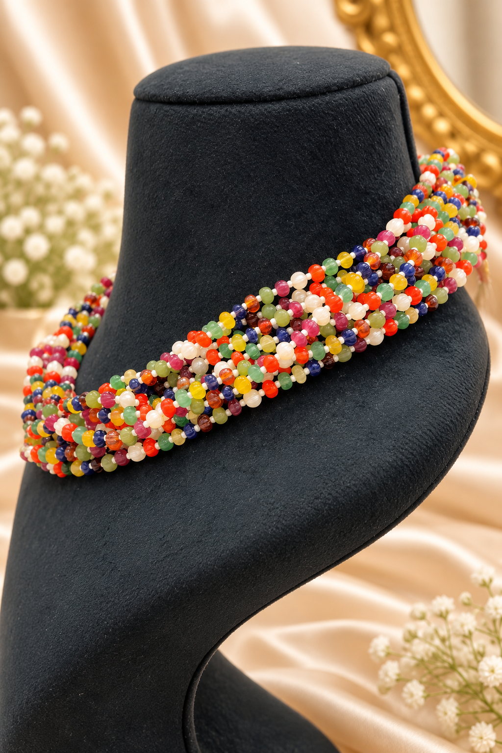 Navratan Pumpkin Gemstone Beads Necklace Jewelry