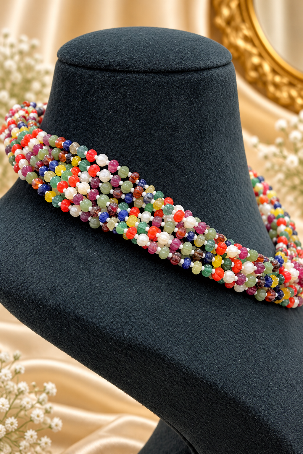Navratan Pumpkin Gemstone Beads Necklace Jewelry