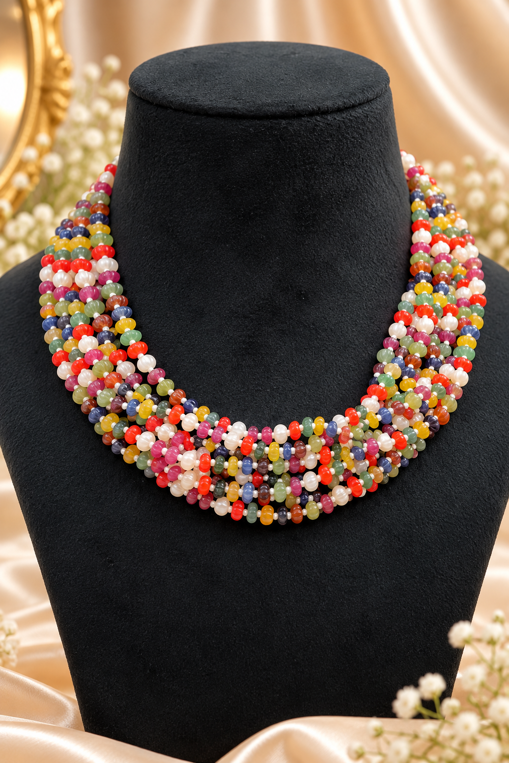 Navratan Pumpkin Gemstone Beads Necklace Jewelry