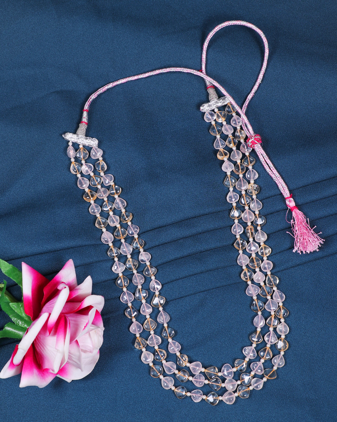 Beautiful Heart Shaped Rose Quartz & Citrine Gemstone Necklace