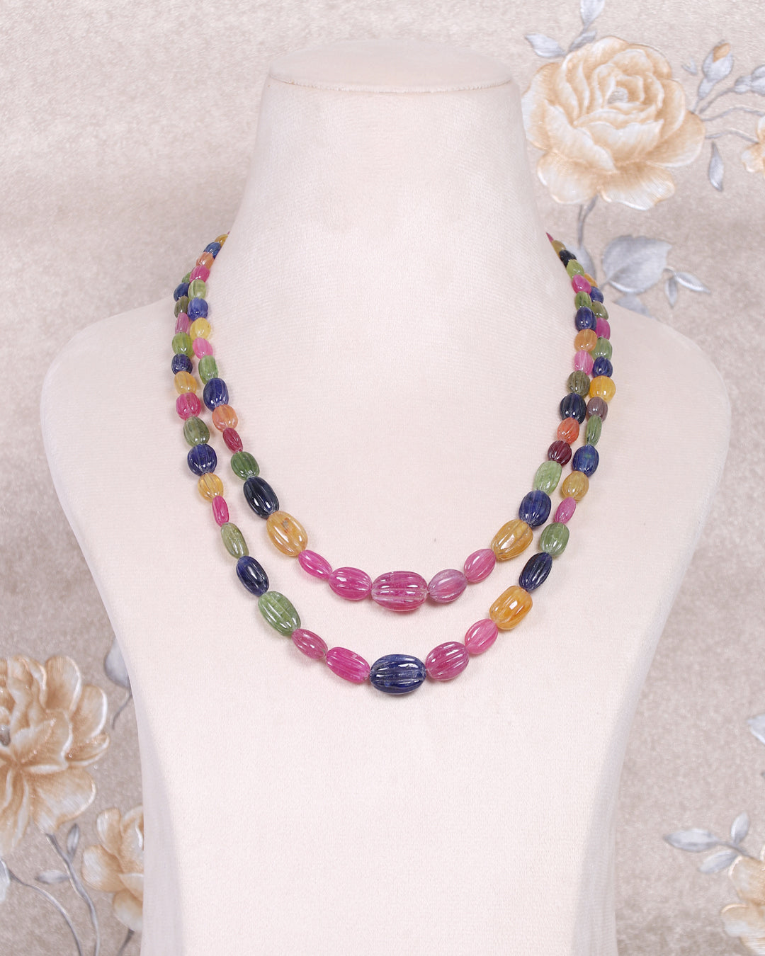 Natural Multi Sapphire Carving Gemstone Beads Necklace Jewelry