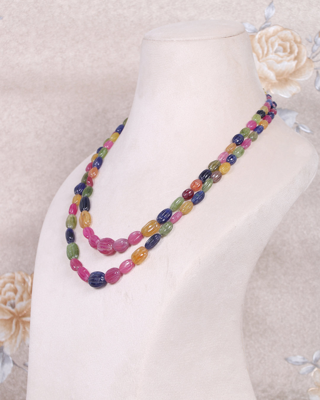 Natural Multi Sapphire Carving Gemstone Beads Necklace Jewelry
