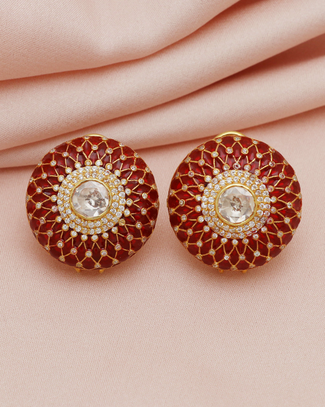 925 Silver Moissanite Polki Stud Red Earrings