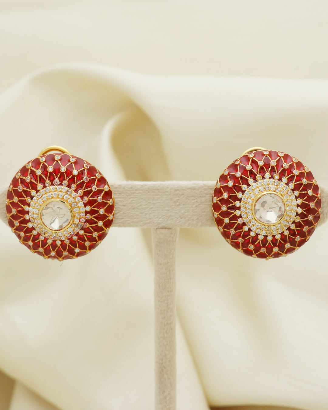 925 Silver Moissanite Polki Stud Red Earrings