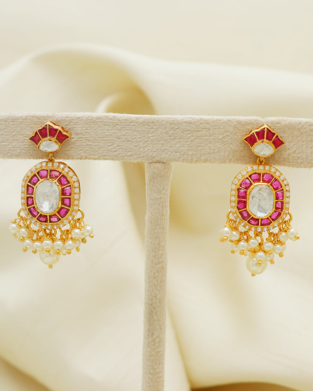 925 Silver Moissanite Polki Stud Red Earrings