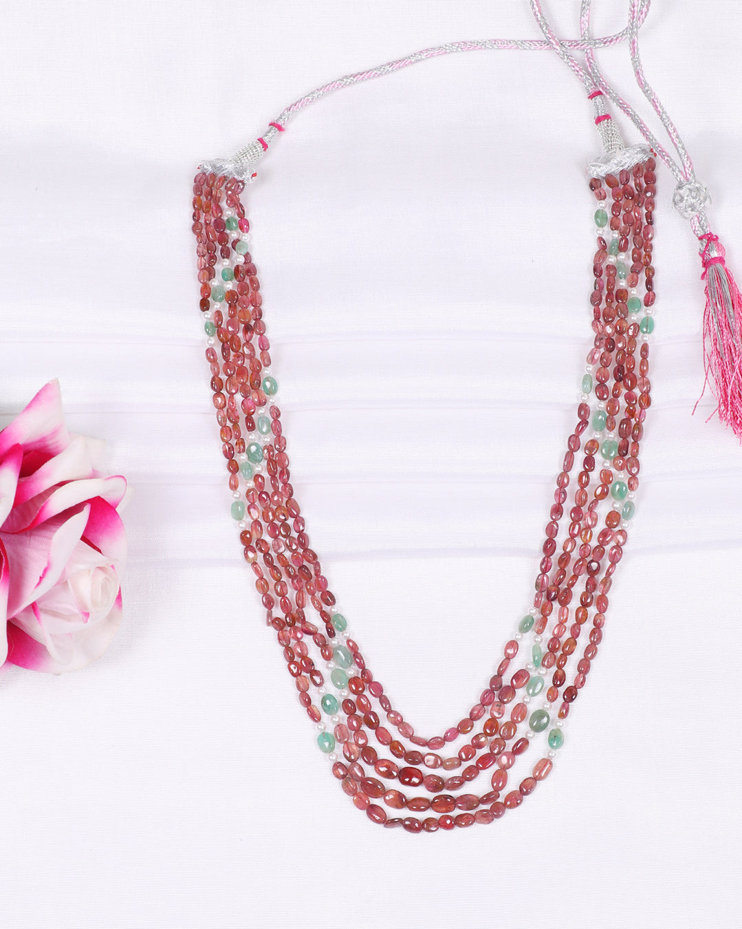 Natural Pink Tourmaline & Emerald Gemstone Oval Beads Necklace Jewelry