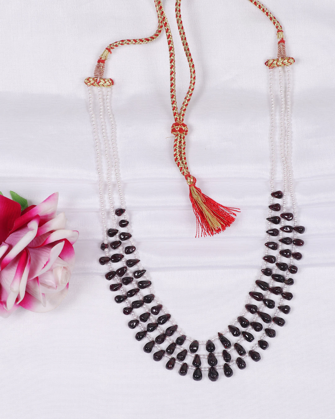 Natural Garnet & Pearl Gemstone Pear Beads Necklace Jewelry