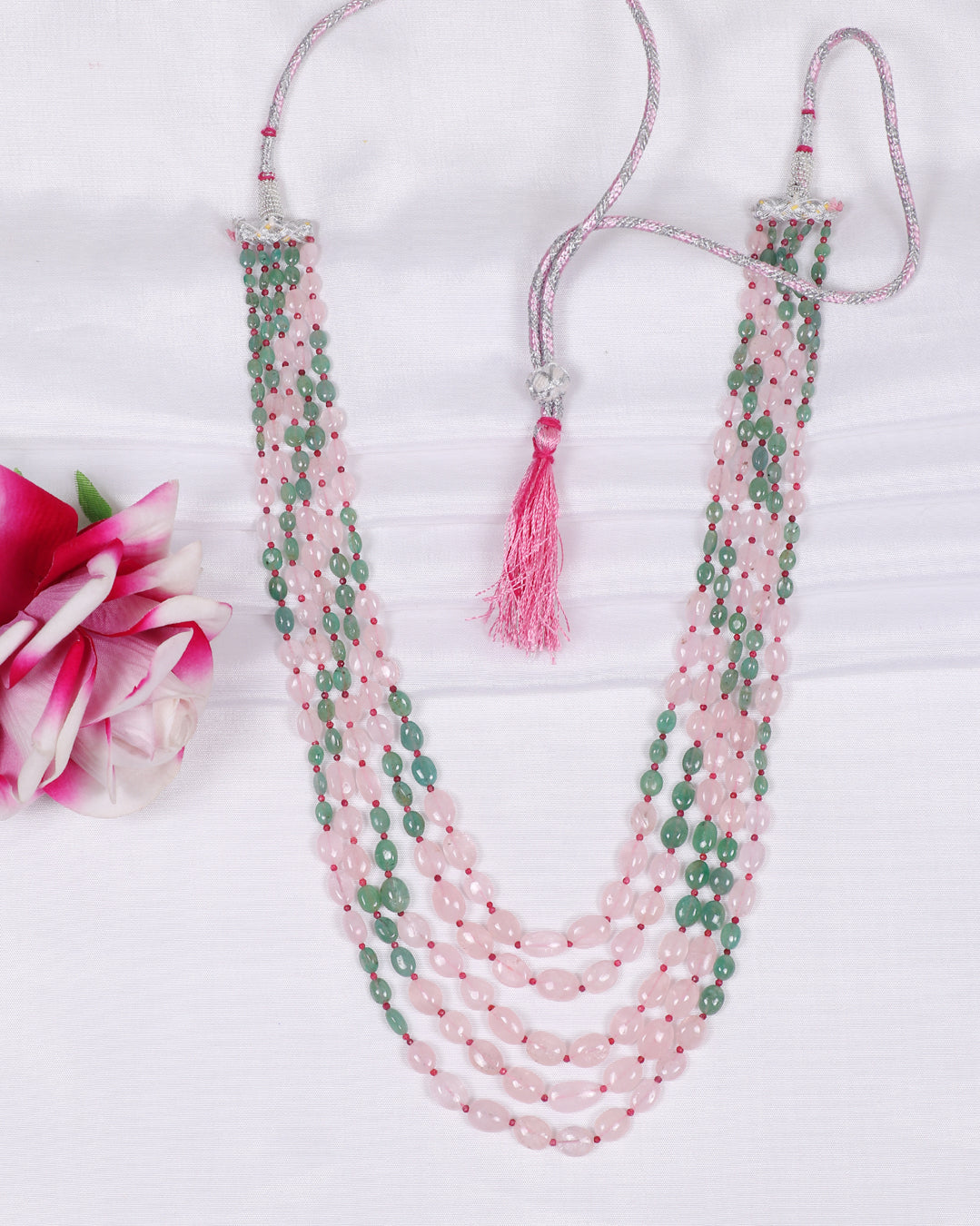 Natural Morganite & Emerald Gemstone Oval Beads Necklace Jewelry