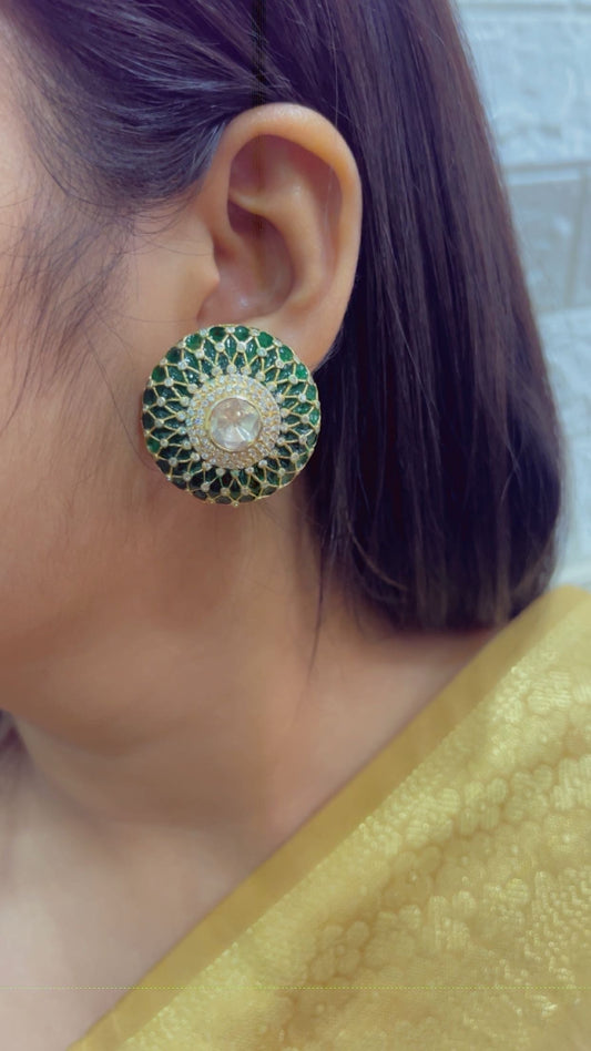 925 Silver Moissanite Polki Stud Green Earring