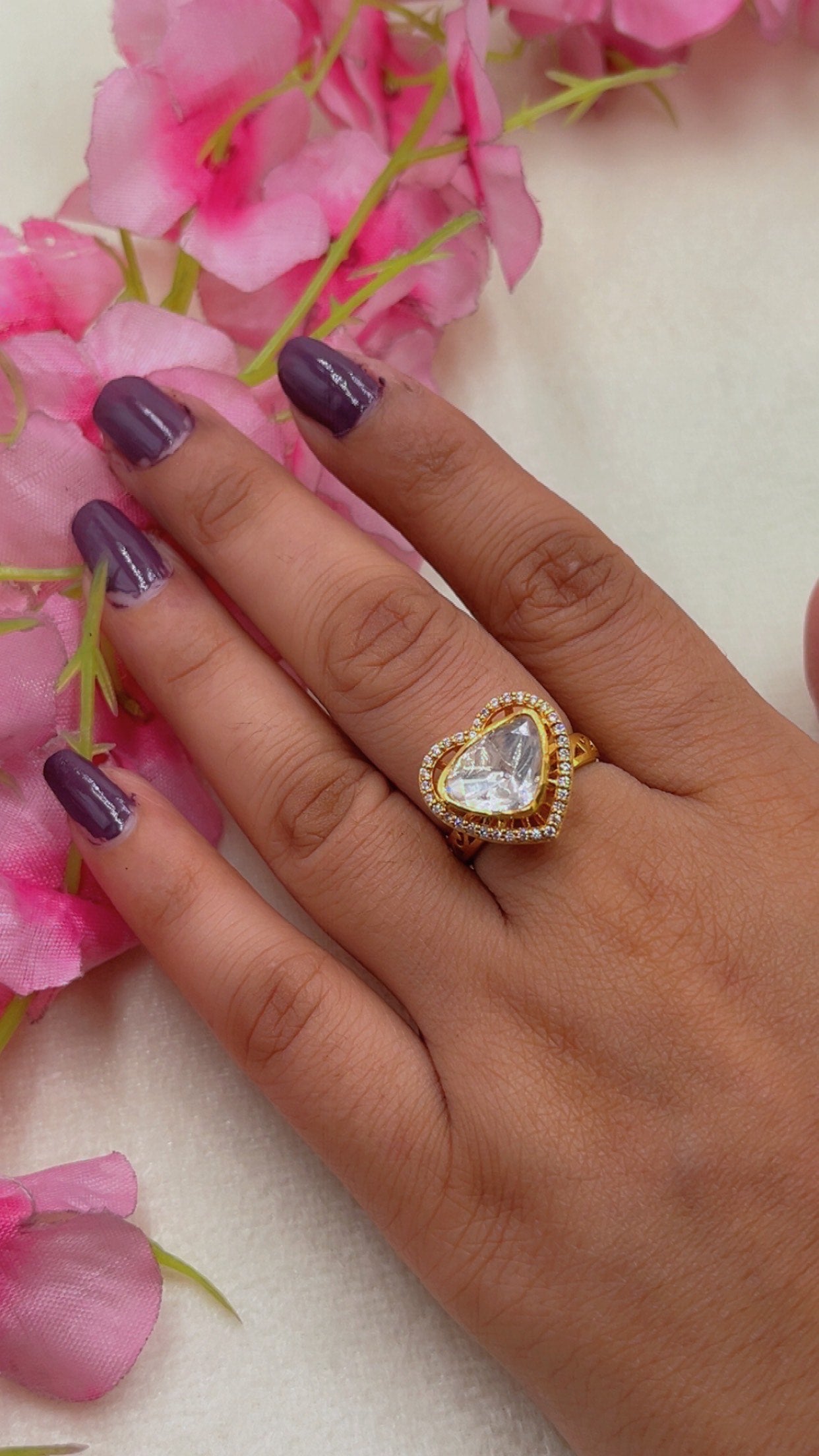 925 Silver Moissanite Polki Heart Shape  Adjustable  Ring