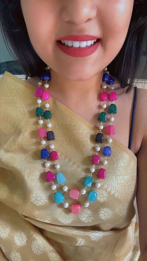 Natural Multi Quartz & Pearl Gemstone Beads Necklace Jewelry