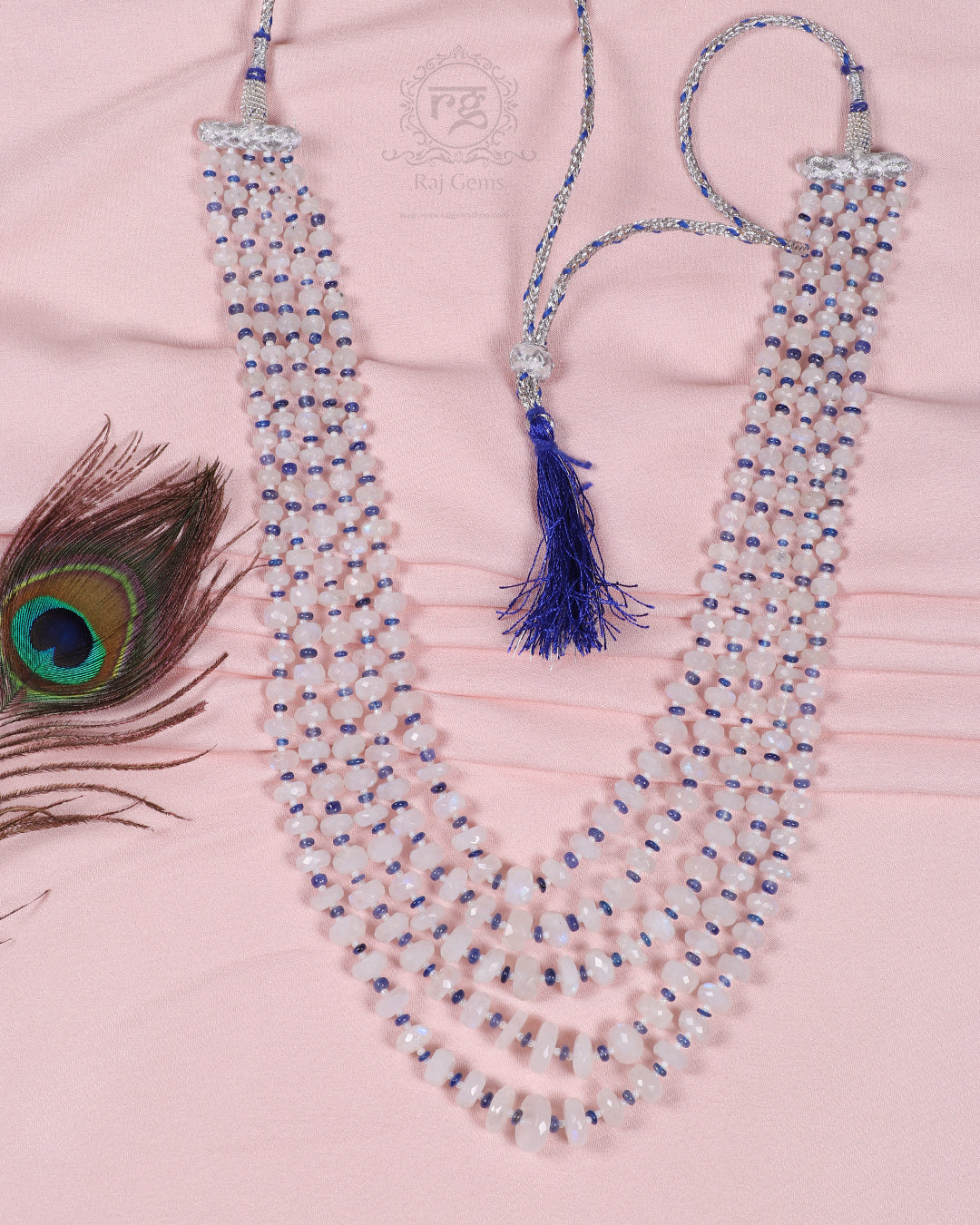 Natural Rainbow Moonstone & Blue Sapphire Gemstone Beads Necklace Jewelry