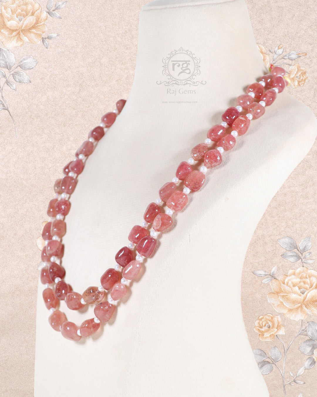 Natural Pink Strawberry Quartz Gemstone Beads Necklace Jewelry