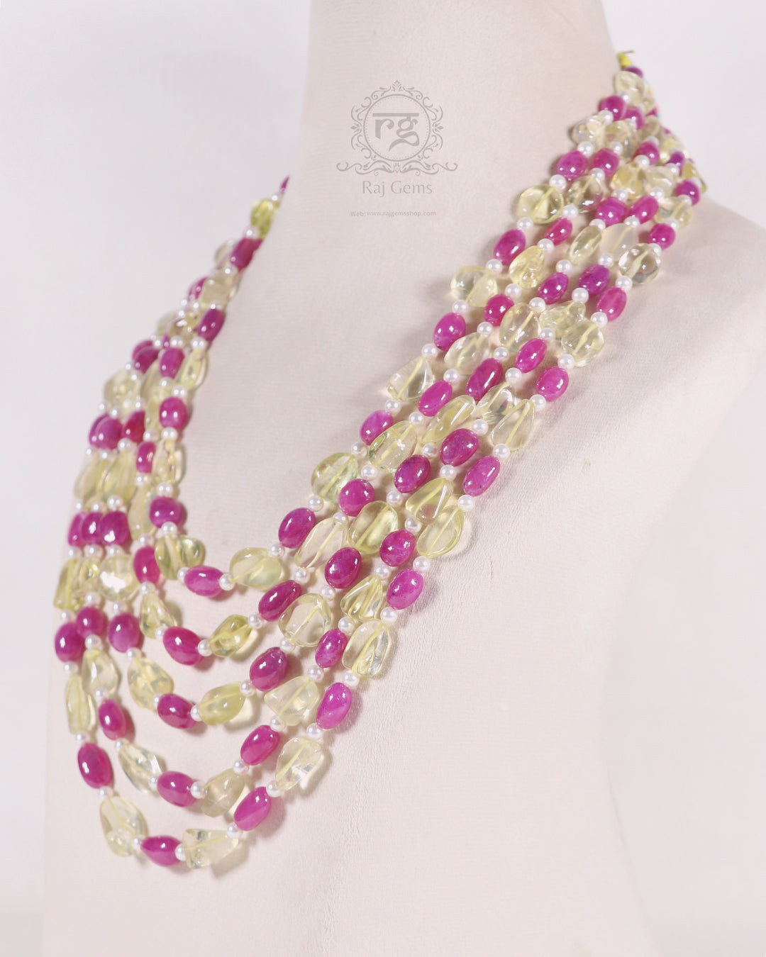 Natural Ruby & Lemon Quartz Gemstone Beads Necklace Jewelry