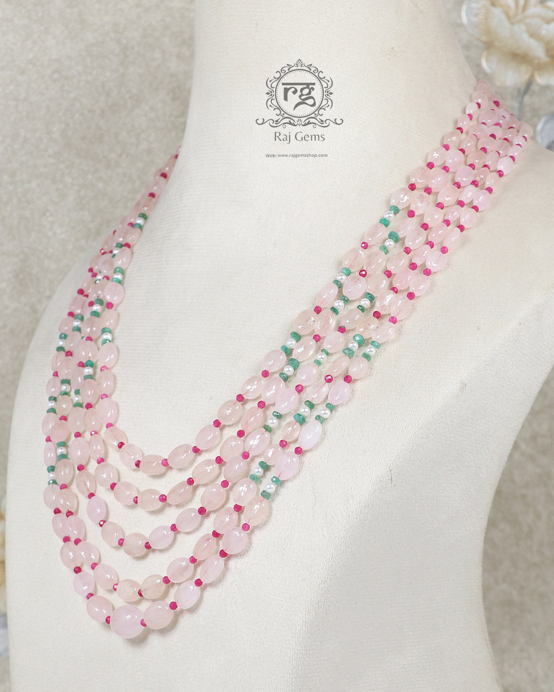 Natural Morganite, Emerald, Pearl, Ruby Gemstone Beads Necklace