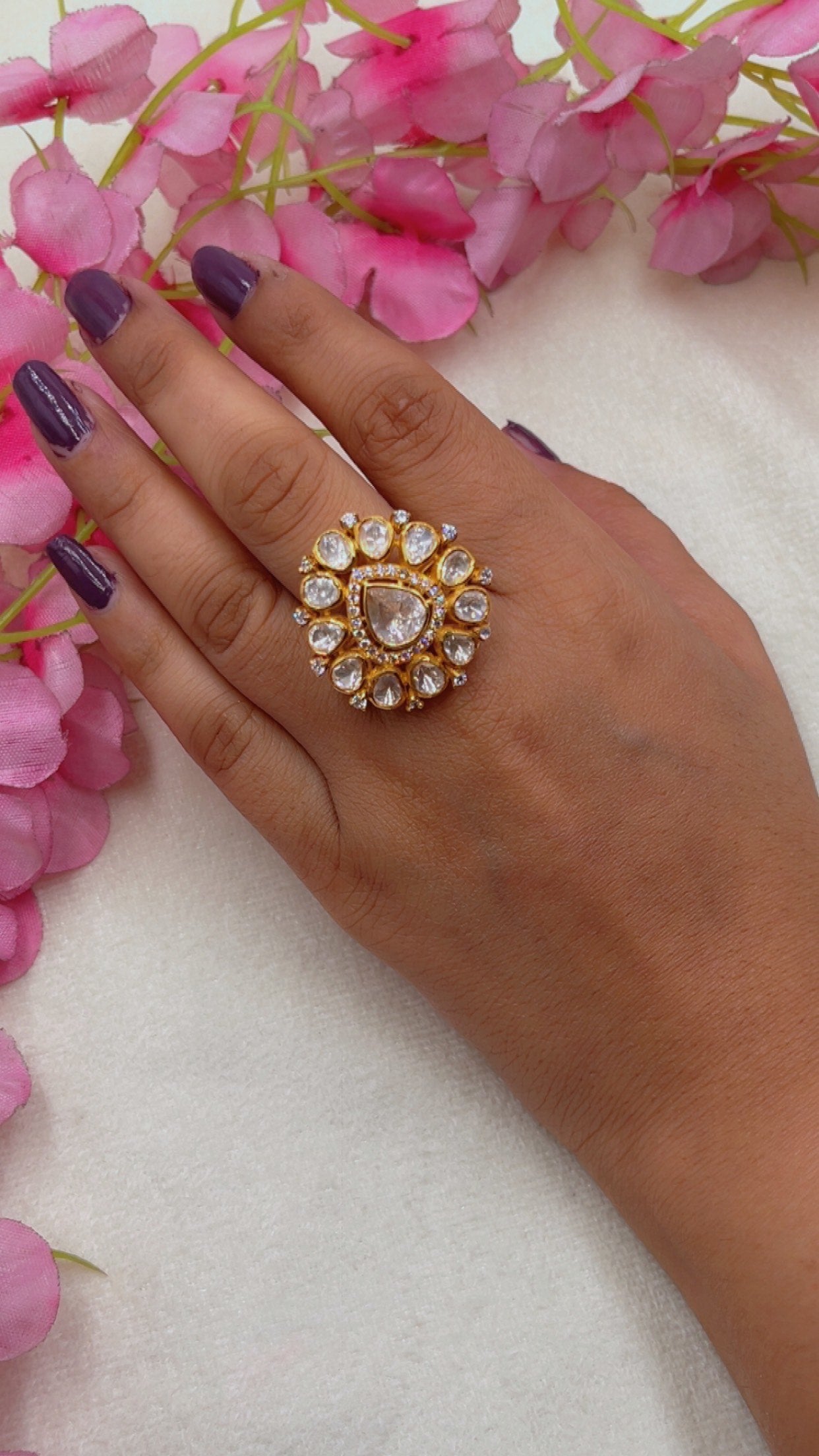 Pure Silver Polki Adjustable Ring