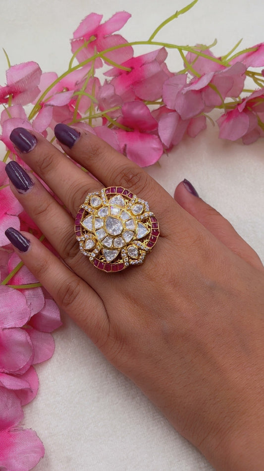 Pure Silver Red Polki Adjustable Ring