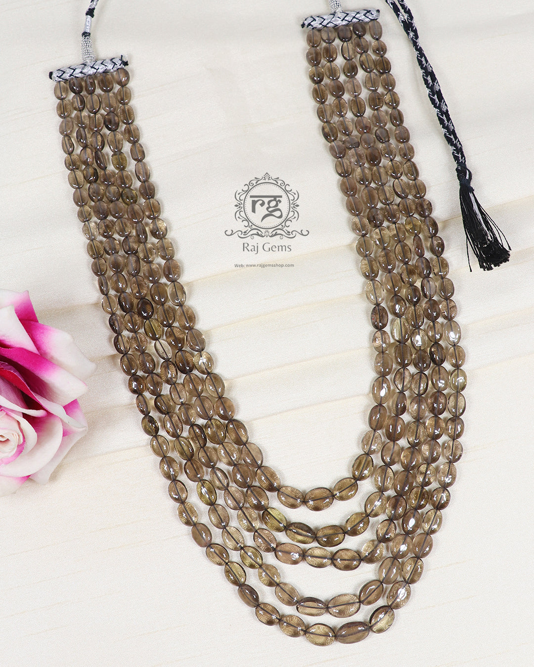 Natural Smoky Quartz Oval Gemstone Beaded Necklace