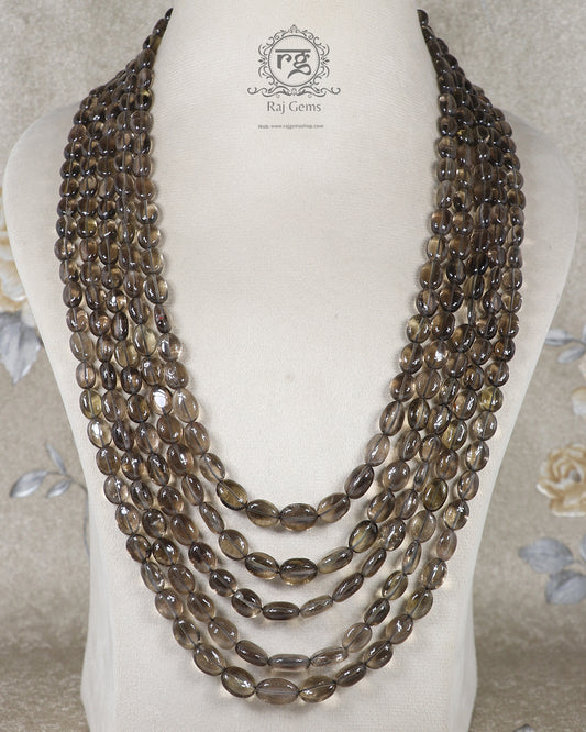Natural Smoky Quartz Oval Gemstone Beaded Necklace