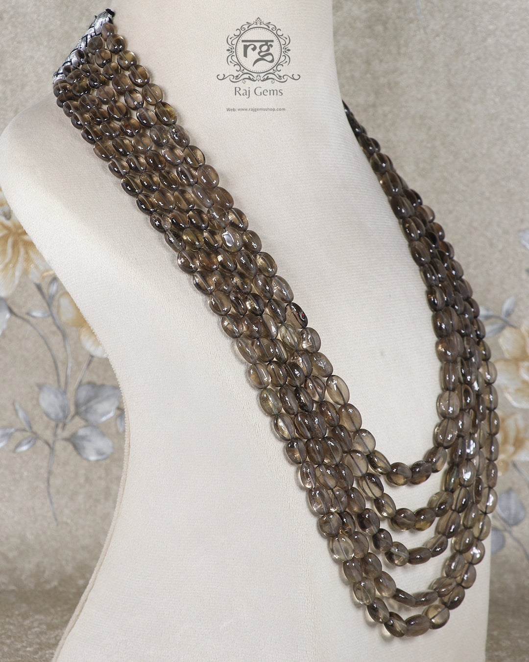 Natural Smoky Quartz Oval Gemstone Beaded Necklace