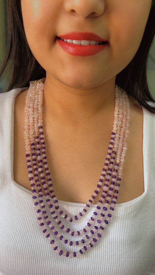 Natural Rose Quartz & Amethyst Gemstone Rondelle Smooth Beaded Necklace RBOGO