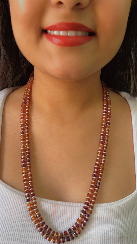 Natural Hessonite Garnet & Pearl Gemstone Beads Necklace Jewelry ji