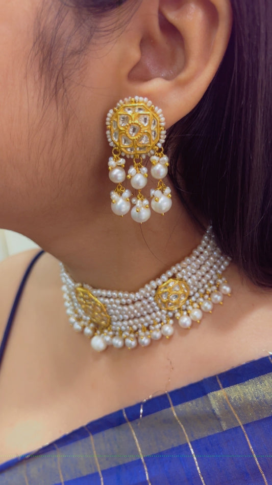 22K Gold Hallmarked Diamond Polki White Fresh Water Pearl Choker Necklace Jewelry Set