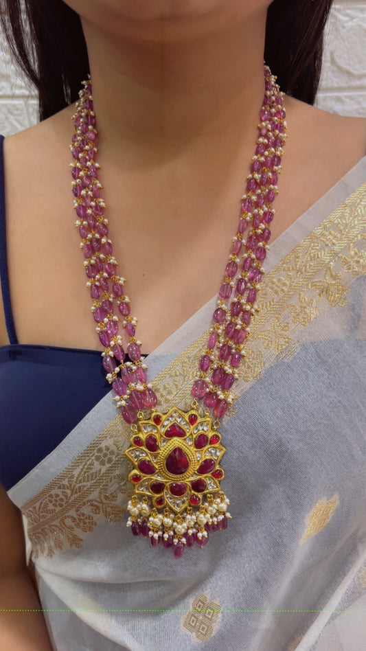 22K Gold Hallmarked Diamond Polki Red Ruby Pearl Necklace Jewelry Set