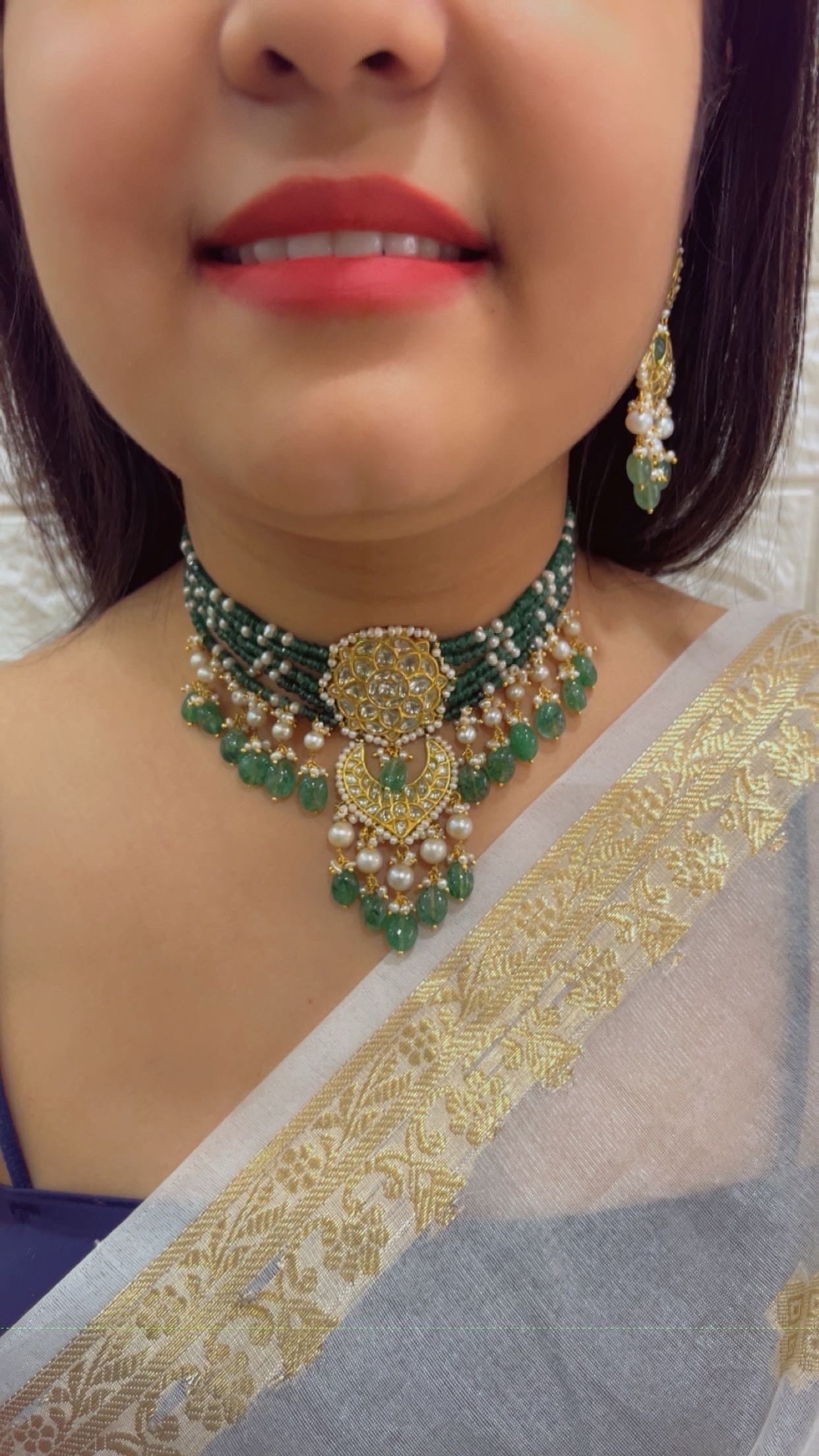 22K Gold Hallmarked Diamond Polki Green Choker Necklace Jewelry Set