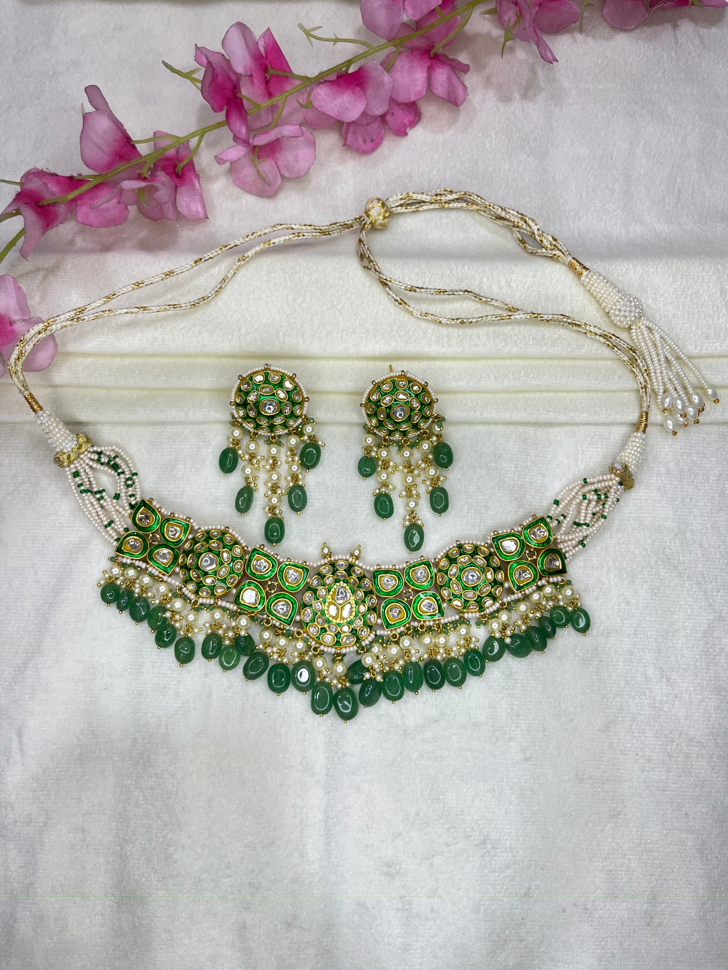 22K Gold Hallmarked Diamond Polki Green Choker Necklace Jewelry Set