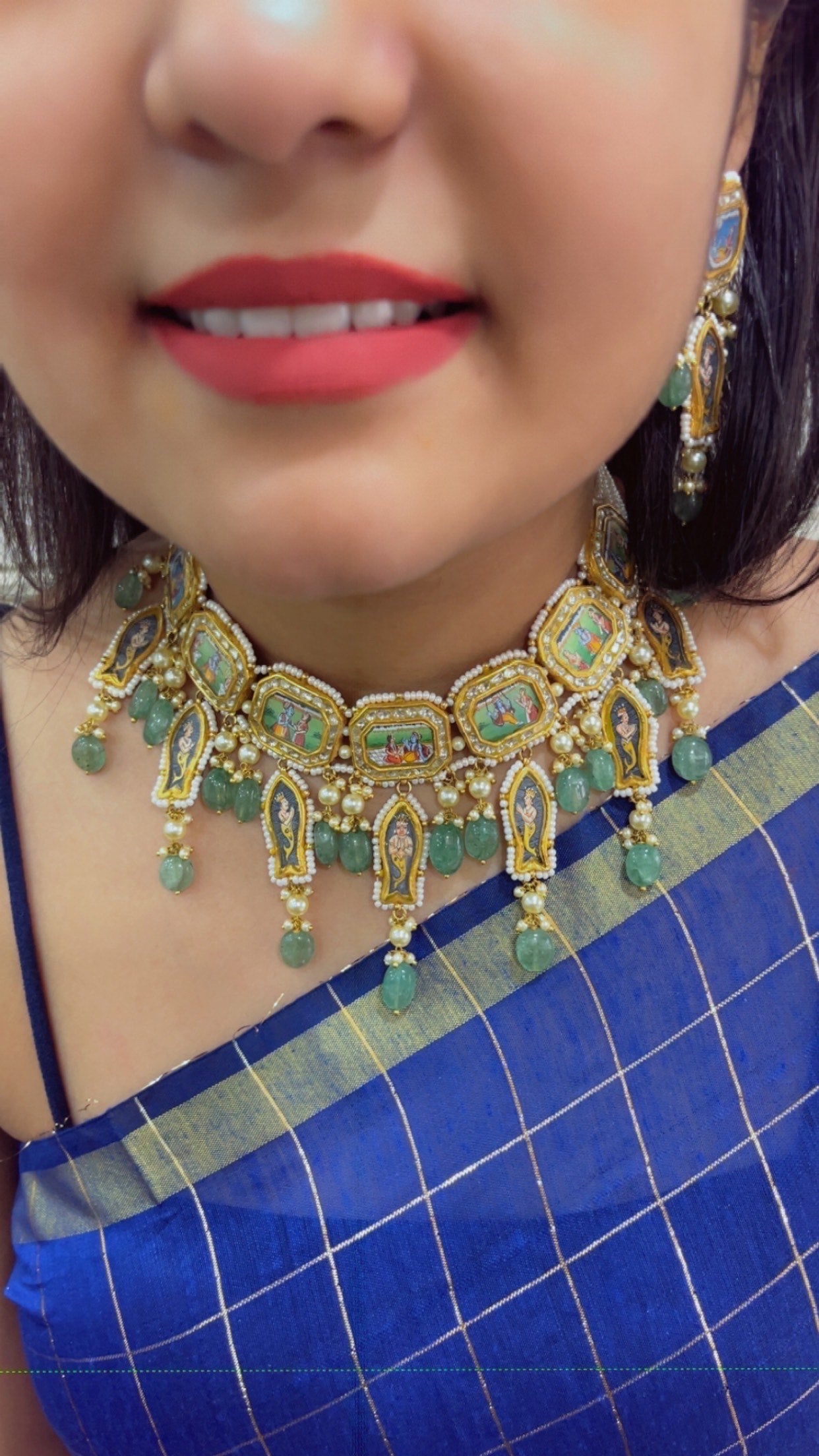 22K Gold Hallmarked Diamond Polki Green Choker Necklace Jewelry