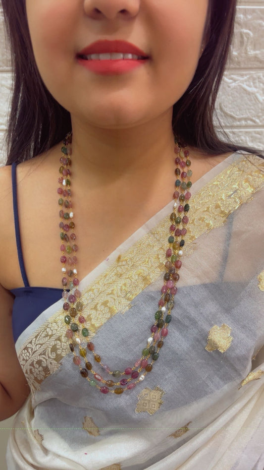 Natural 925 Silver Multi Tourmaline Gemstone Beads Necklace Jewelry