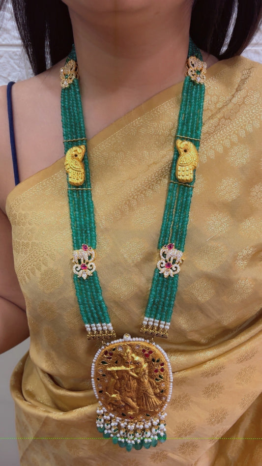 22K Gold Hallmarked Diamond Polki Radha Krishna Green Necklace Jewelry