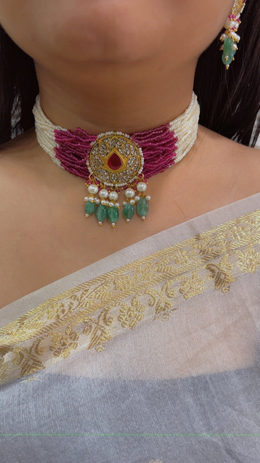 22K Gold Hallmarked Diamond Polki Red Choker Necklace Jewelry