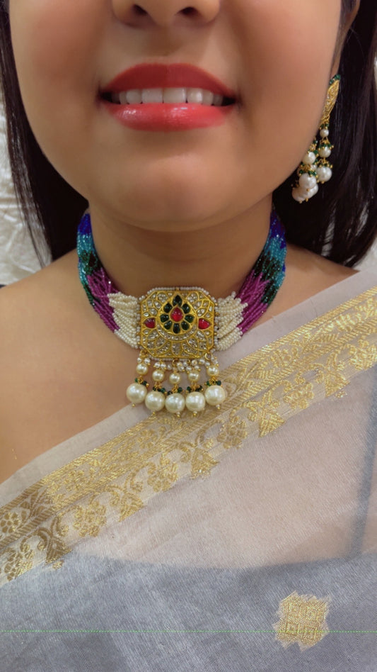 22K Gold Hallmarked Diamond Polki Multi Choker Necklace Jewelry