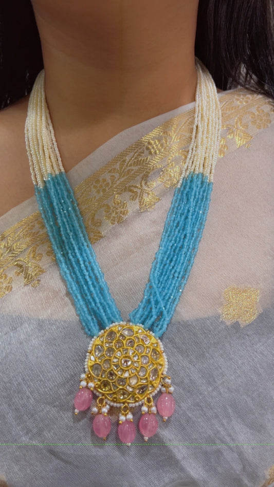 22K Gold Hallmarked Diamond Polki Blue Necklace Jewelry Set