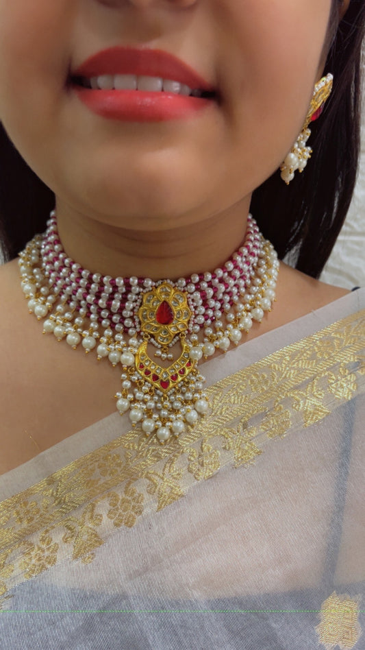 22K Gold Hallmarked Diamond Polki Red Choker Necklace Jewelry