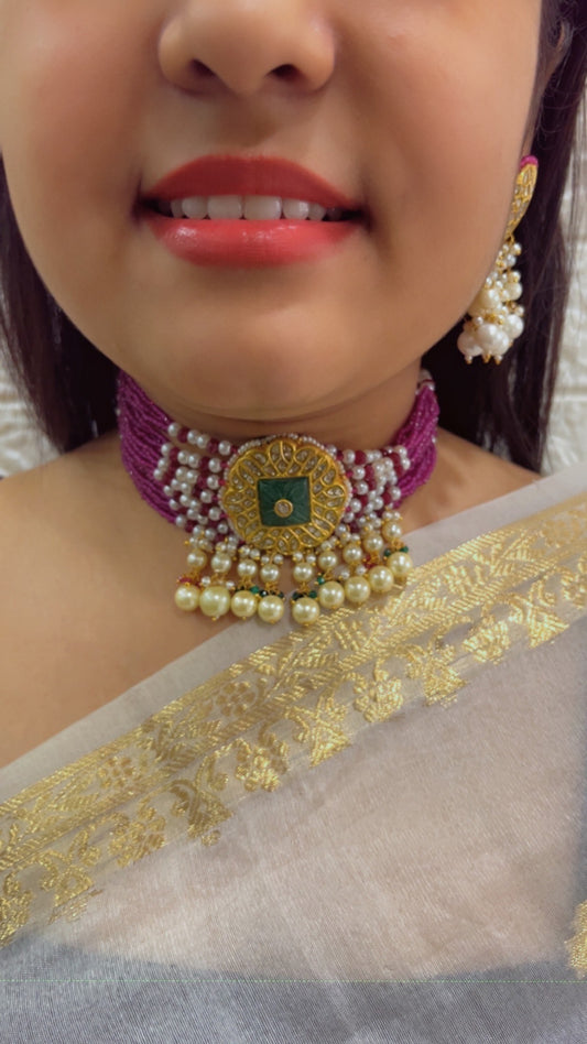 22K Gold Hallmarked Diamond Polki Pink Choker Necklace Jewelry