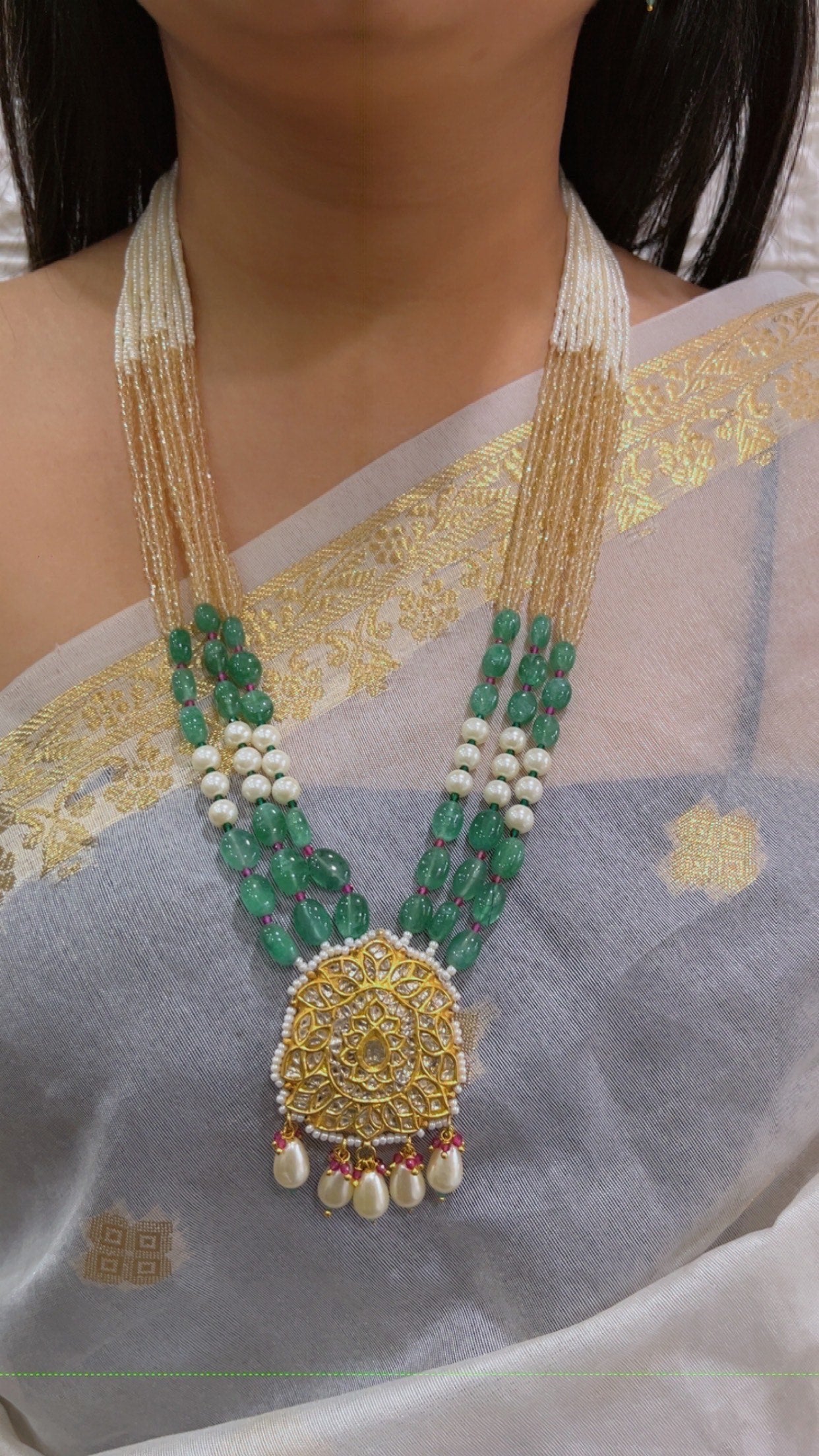 22K Gold Hallmarked Diamond Polki Multi Necklace Jewelry Set