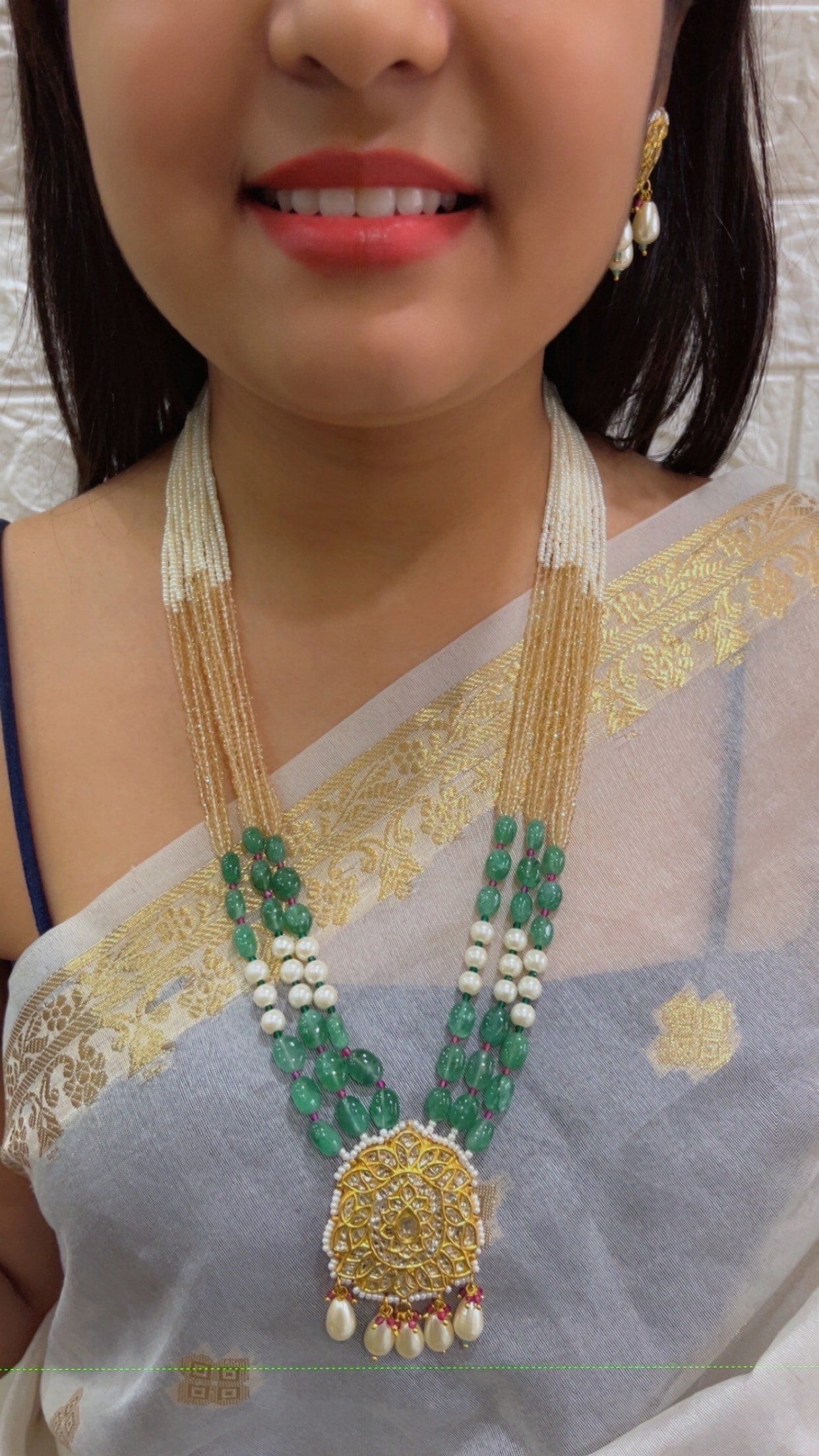 22K Gold Hallmarked Diamond Polki Multi Necklace Jewelry Set