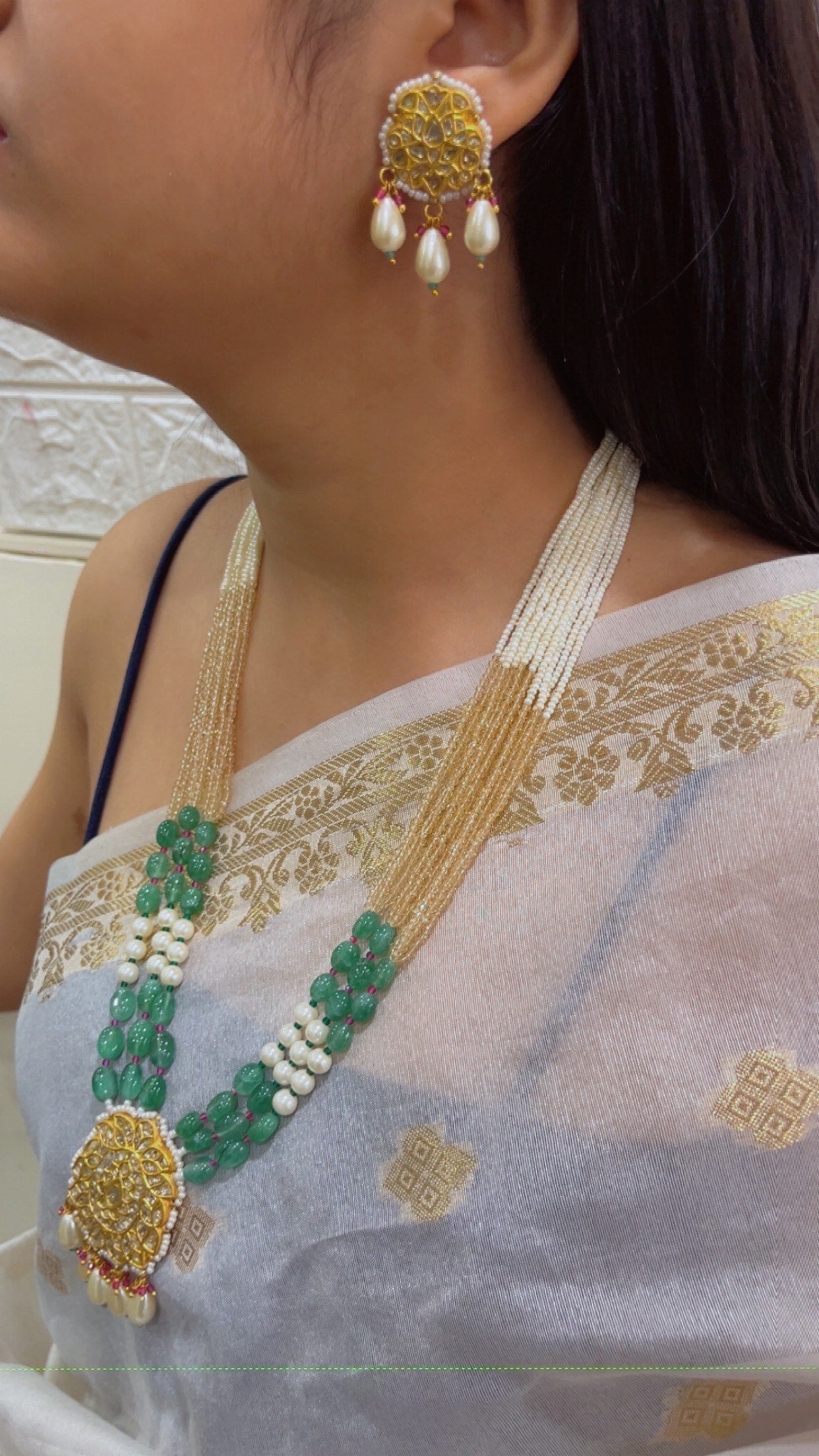 22K Gold Hallmarked Diamond Polki Multi Necklace Jewelry Set