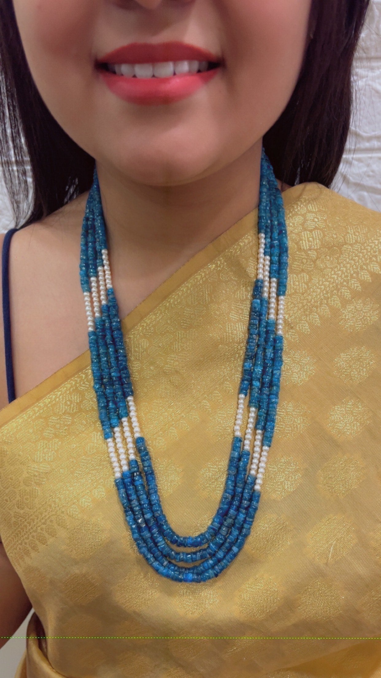 Natural Neon Apatite & Pearl Gemstone Beads Necklace Jewelry