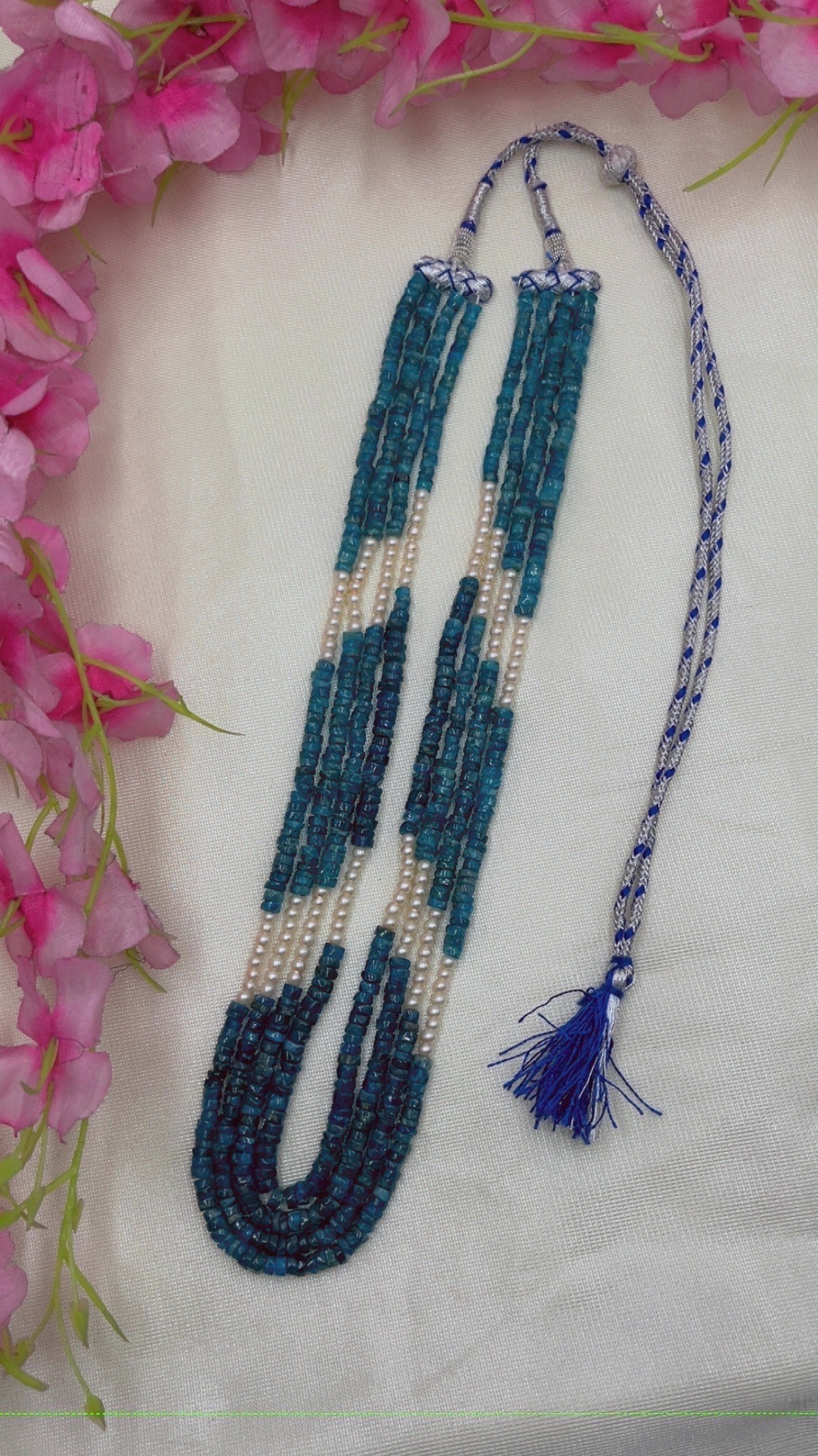 Natural Neon Apatite & Pearl Gemstone Beads Necklace Jewelry