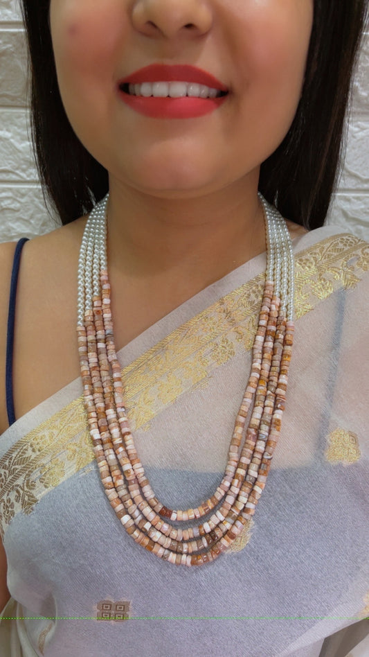 Natural Peach Moonstone & Pearl Gemstone Beads Necklace Jewelry QC2