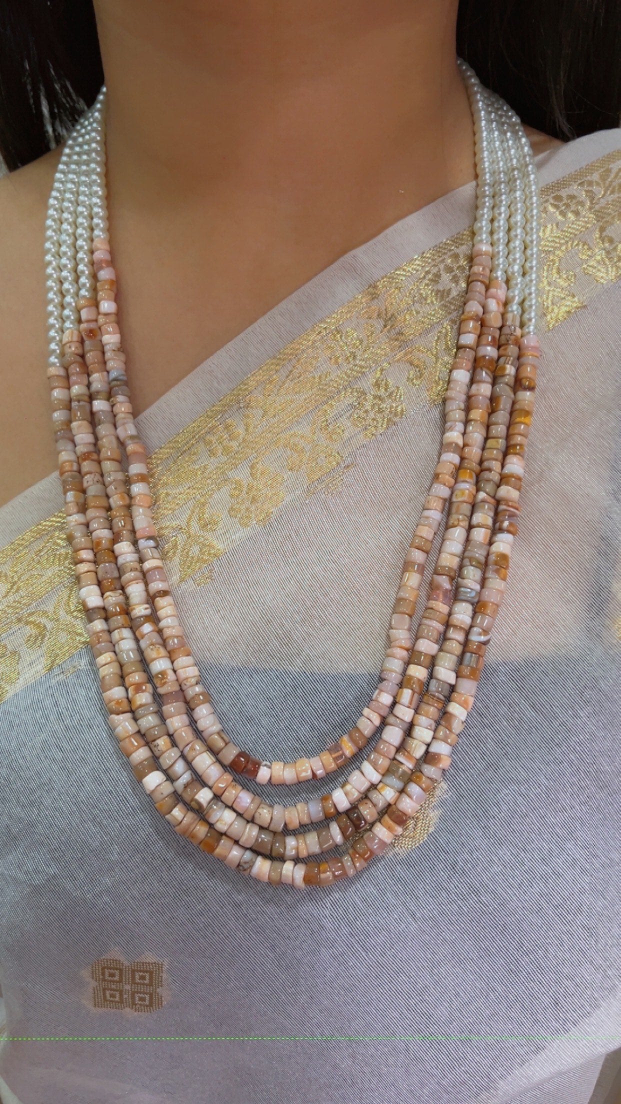Natural Peach Moonstone & Pearl Gemstone Beads Necklace Jewelry QC2