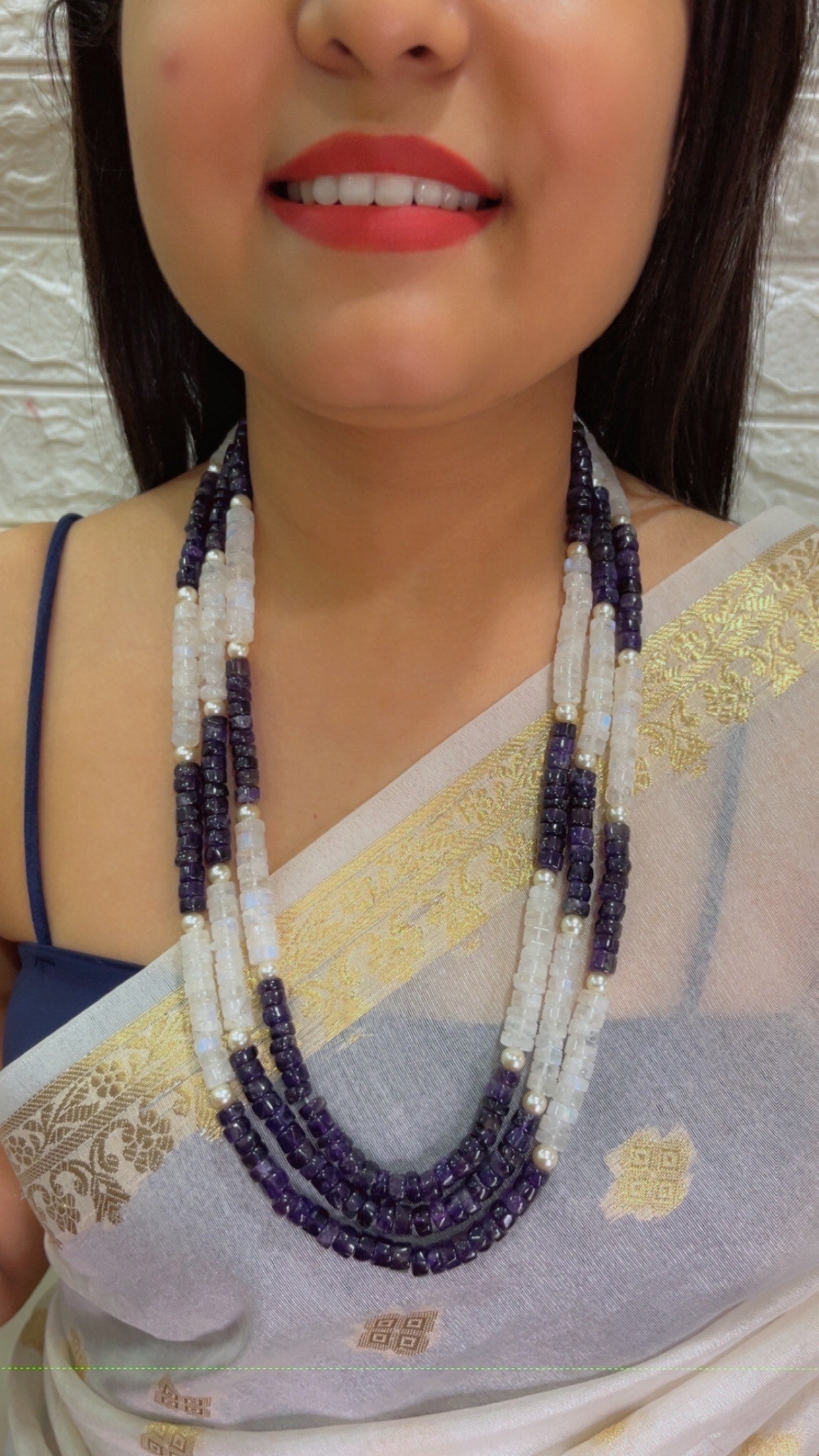 Natural Rainbow moonstone & Amethyst Gemstone Beads Necklace Jewelry