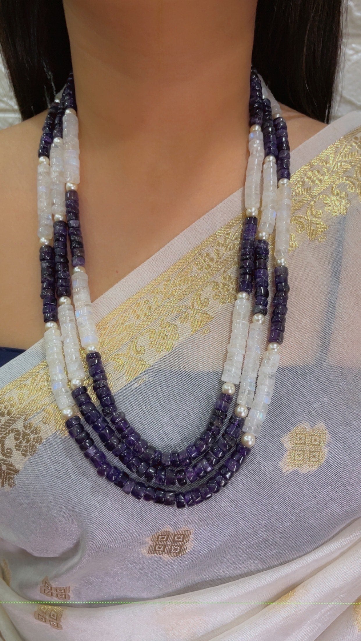 Natural Rainbow moonstone & Amethyst Gemstone Beads Necklace Jewelry