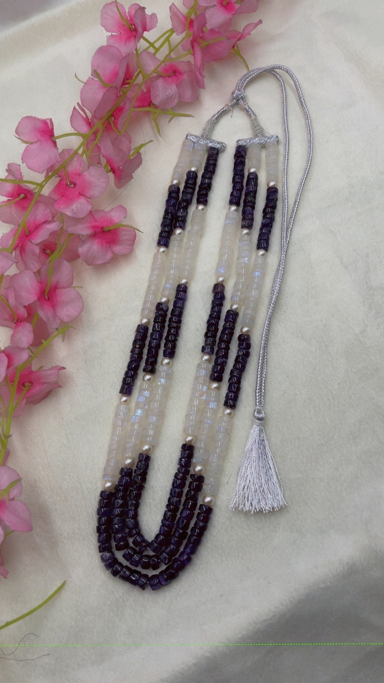 Natural Rainbow moonstone & Amethyst Gemstone Beads Necklace Jewelry