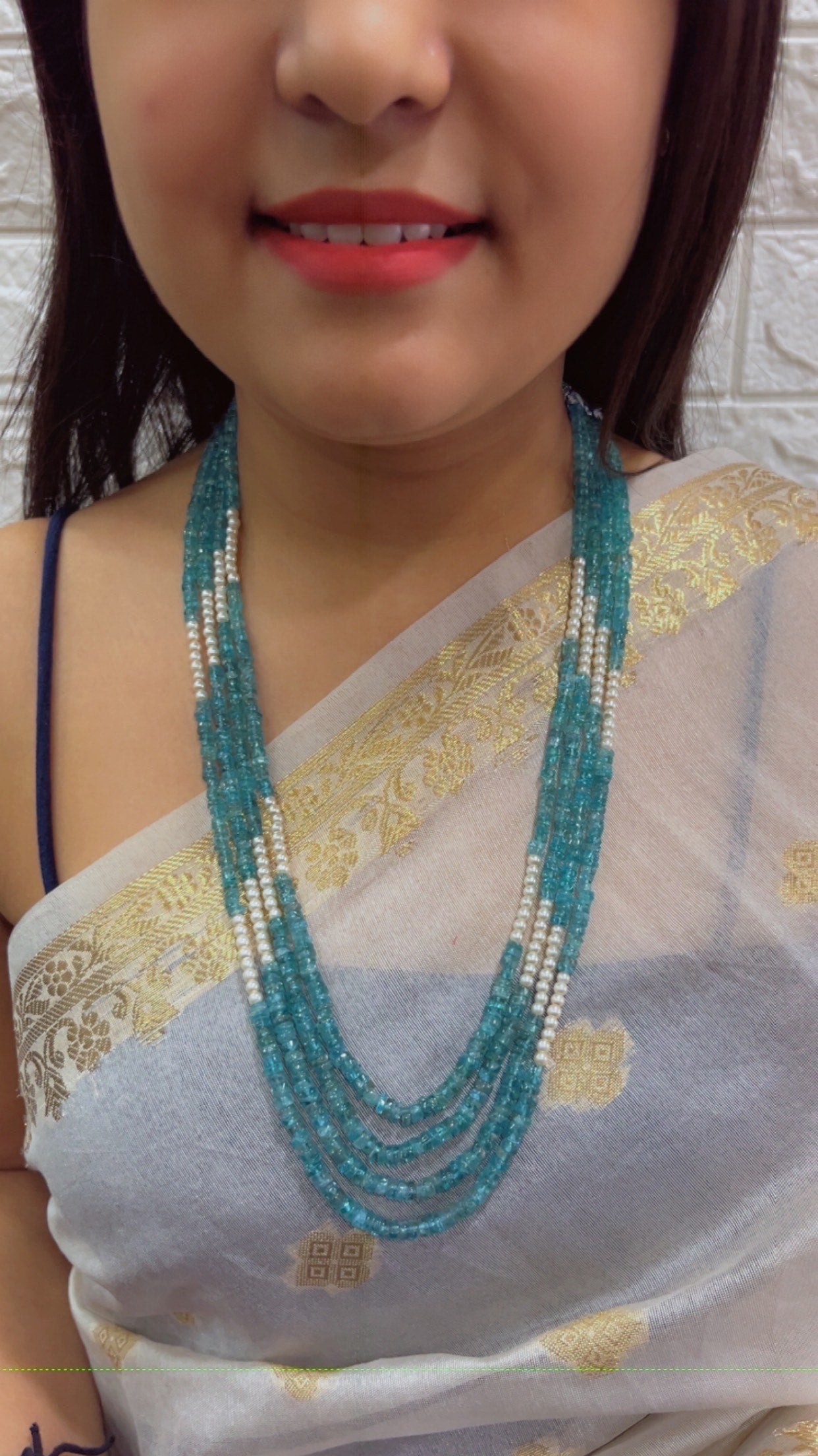 Natural Sky Apatite & Pearl Gemstone Beads Necklace Jewelry QC1