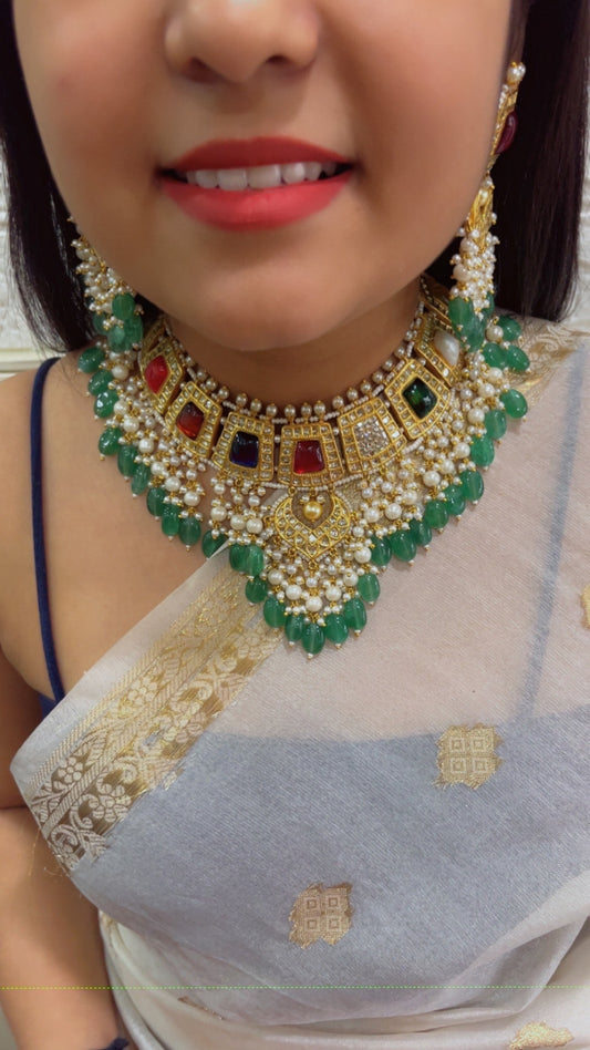 22K Gold Hallmarked Diamond Polki Multi Choker Necklace Jewelry